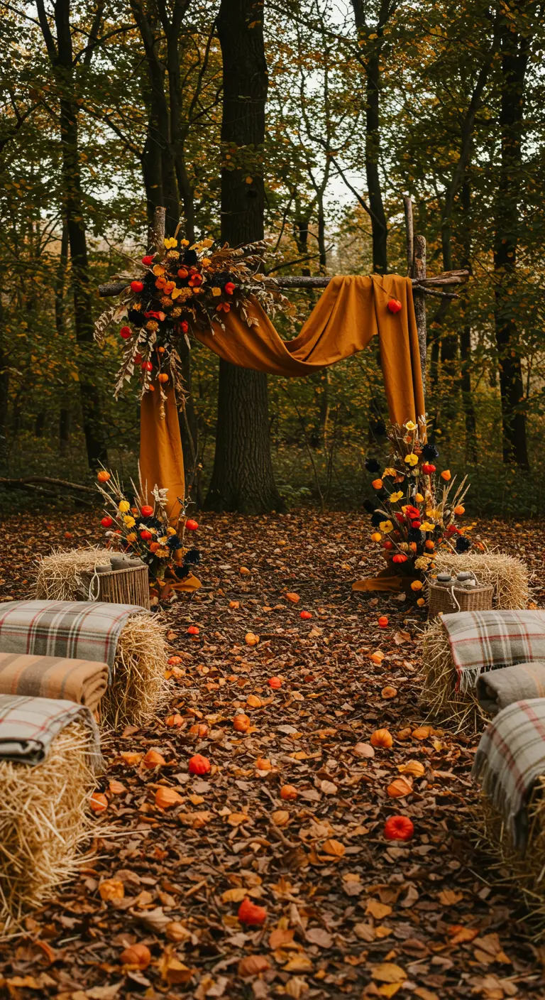 Herfstceremonie in bos met houten altaar, oker linnen en hooibalen.