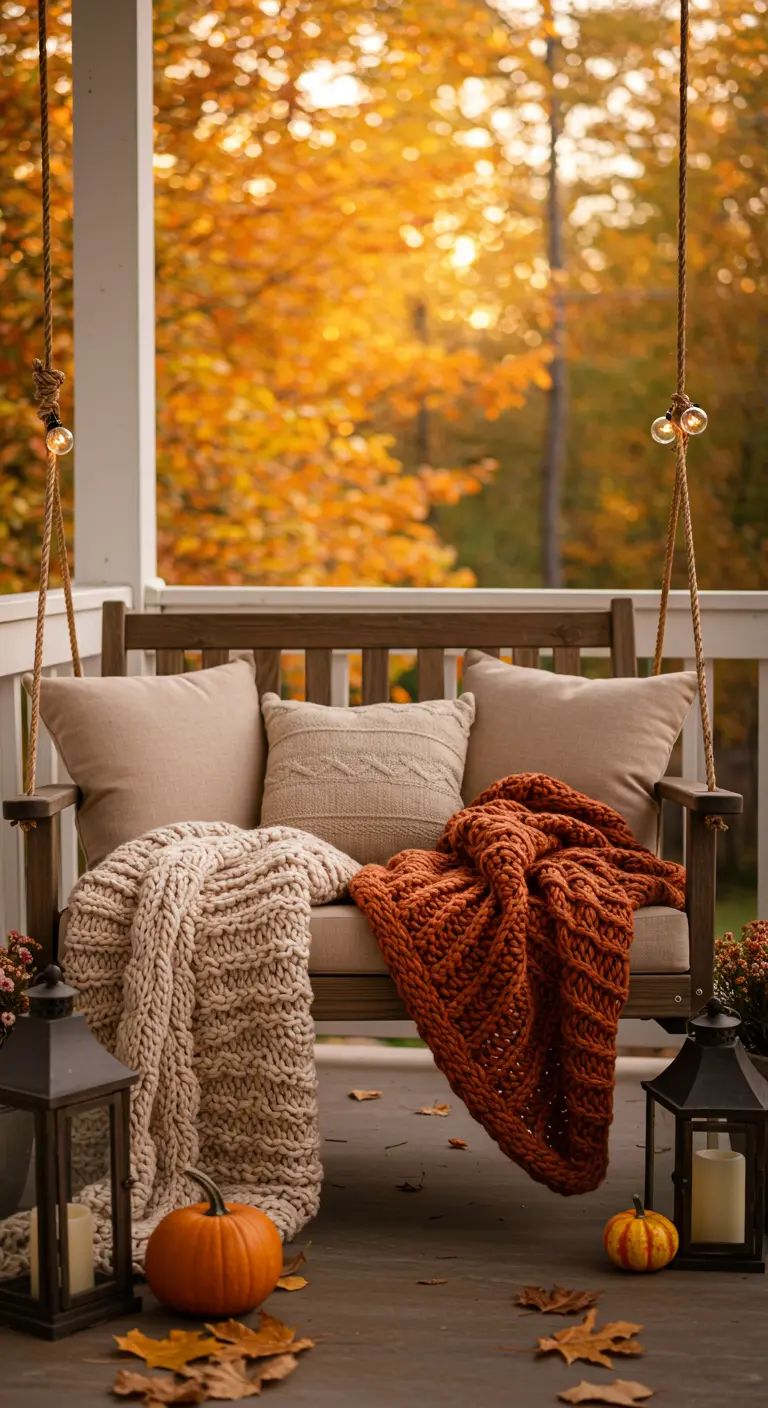 Houten schommelbank op veranda met warme gebreide plaids, kussens, pompoenen en herfstbladeren.