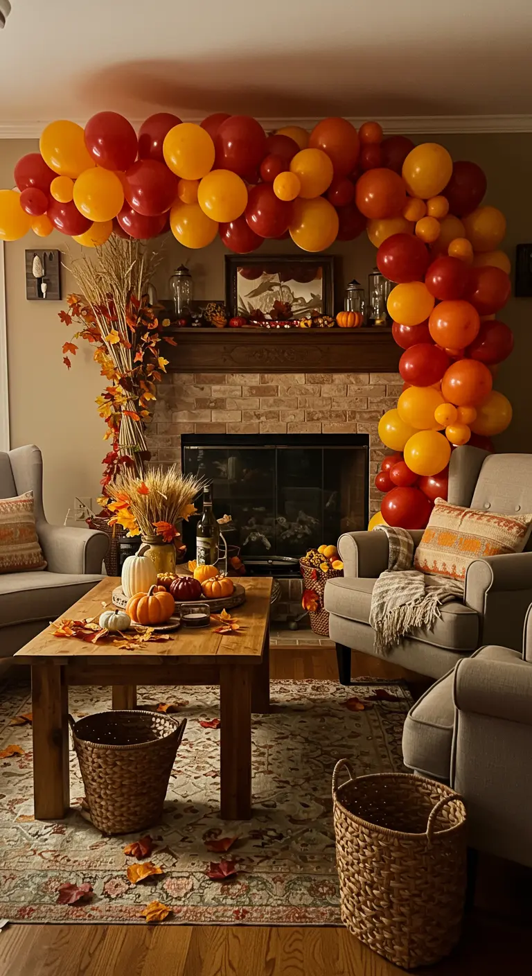 Haard gedecoreerd met herfstkleurige ballonnenboog, bladeren, pompoenen en kaarsen.