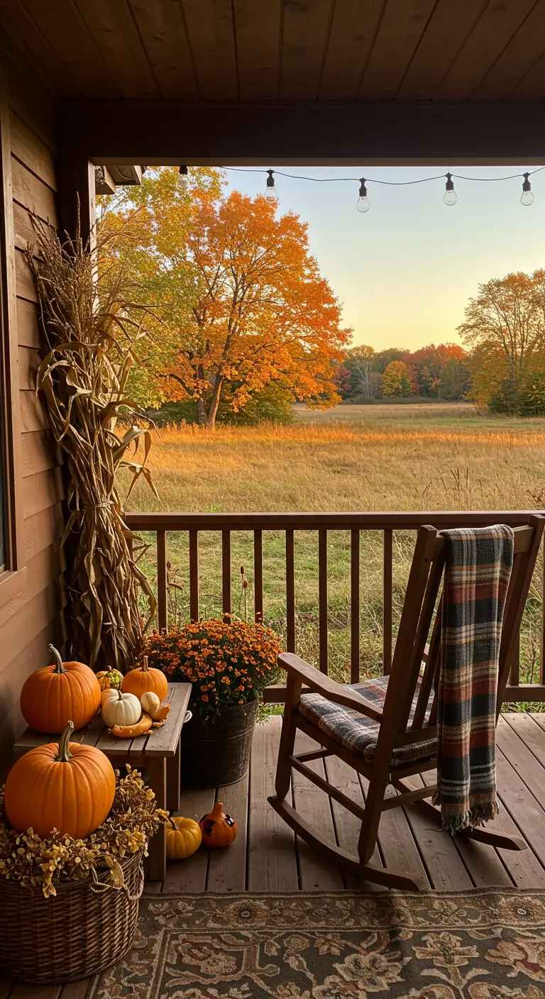Houten schommelstoel met geruite plaid op een herfst-veranda, versierd met pompoenen, en uitzicht op herfstbos.