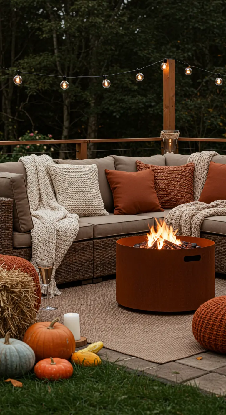 Loungeset met warme herfstkleuren, vuurkorf, pompoenen en gebreide plaids.