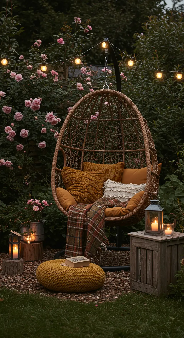 Rieten hangstoel met okergele kussens, geruit plaid, omringd door rozen en sfeerverlichting.