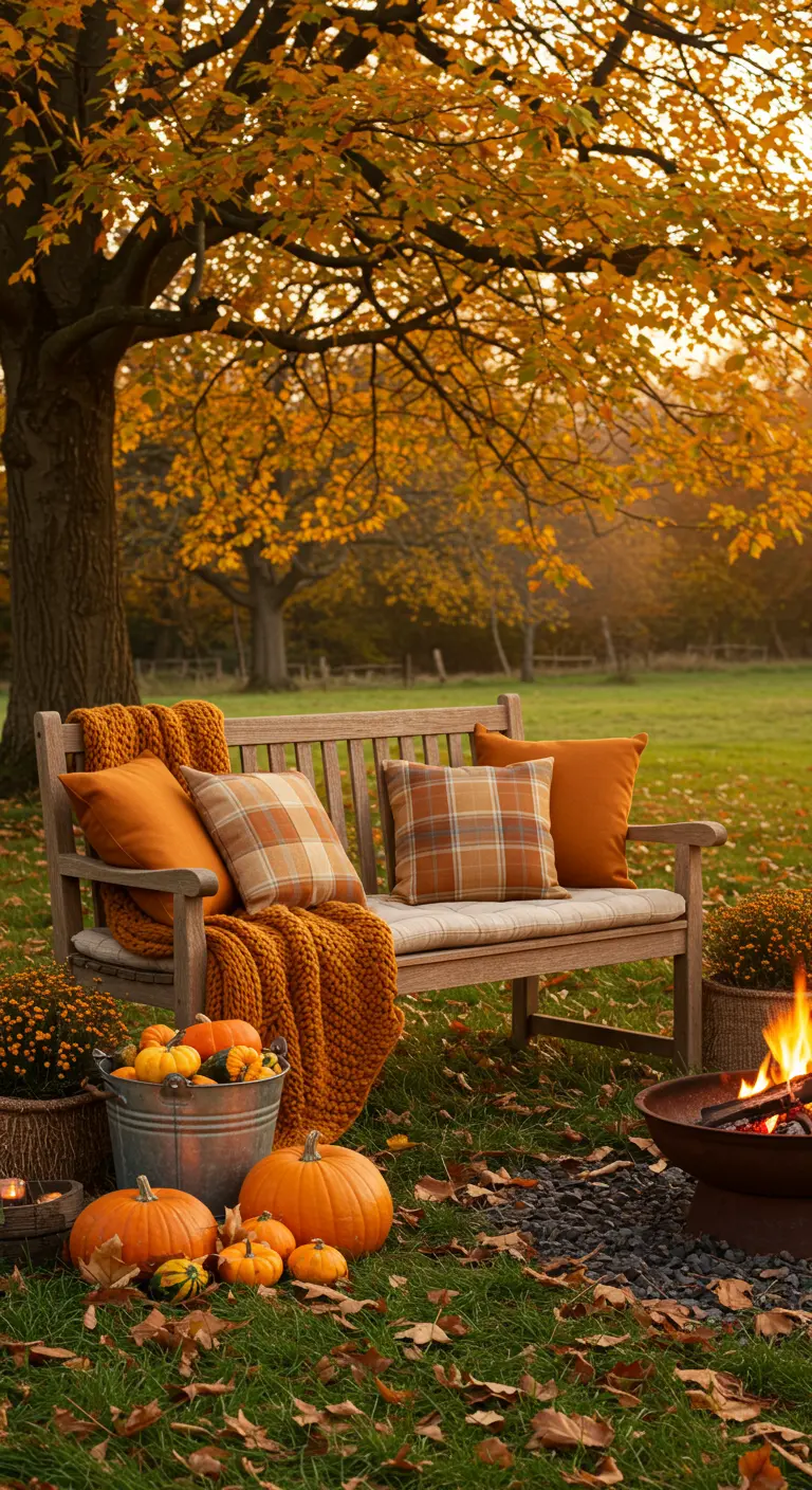 Houten tuinbank met herfstdecoratie zoals pompoenen, oranje kussens en vuurschaal.
