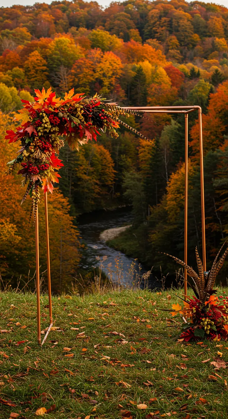Koperen trouwboog met herfstbloemen en veren, uitzicht op herfstbos.