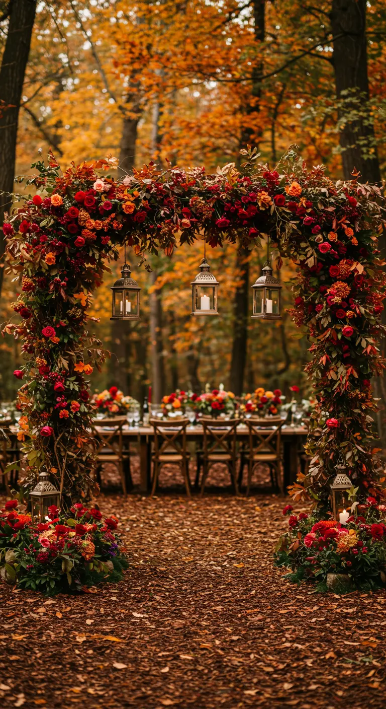 Rijkgekleurde herfstbloemenboog met hangende lantaarns in een bos.