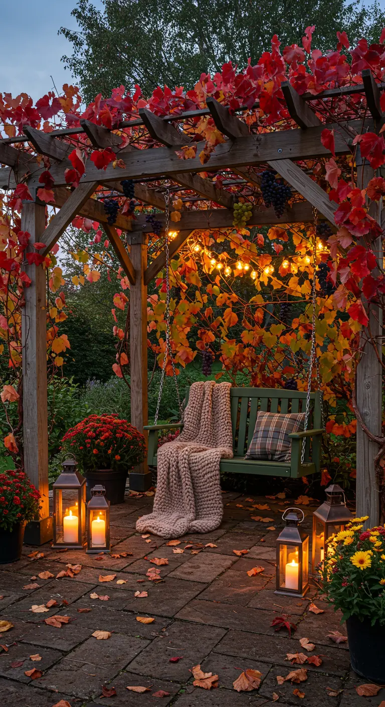 Houten pergola met rode wijnbladeren, schommelbank, lichtslingers, lantaarns en herfstdecoratie.