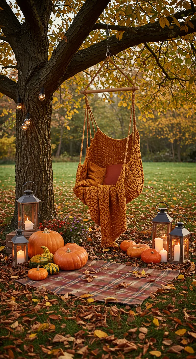 Gehaakte hangstoel in herfstkleuren onder een boom met een geruit kleed, pompoenen en lantaarns.
