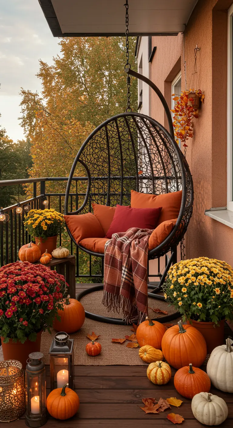 Sfeervol balkon 17 met donkere hangstoel, pompoenen en herfstkleuren