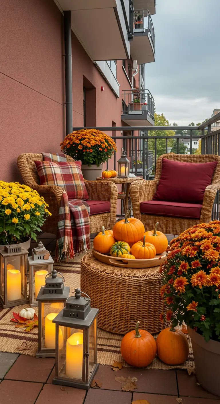 Rieten stoelen met herfstkleurige kussens en plaids, omringd door pompoenen en lantaarns.