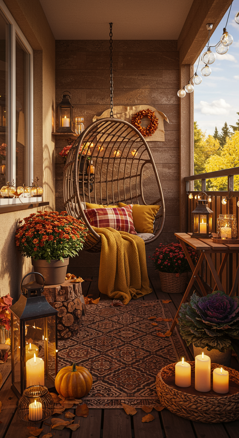 Rotan hangstoel op herfstig balkon met warme kussens, plaid, pompoenen en lantaarns.