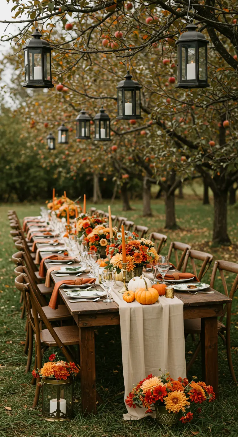 Herfstbruiloft in een boomgaard met lange houten tafel, hangende lantaarns en oranje bloemen.