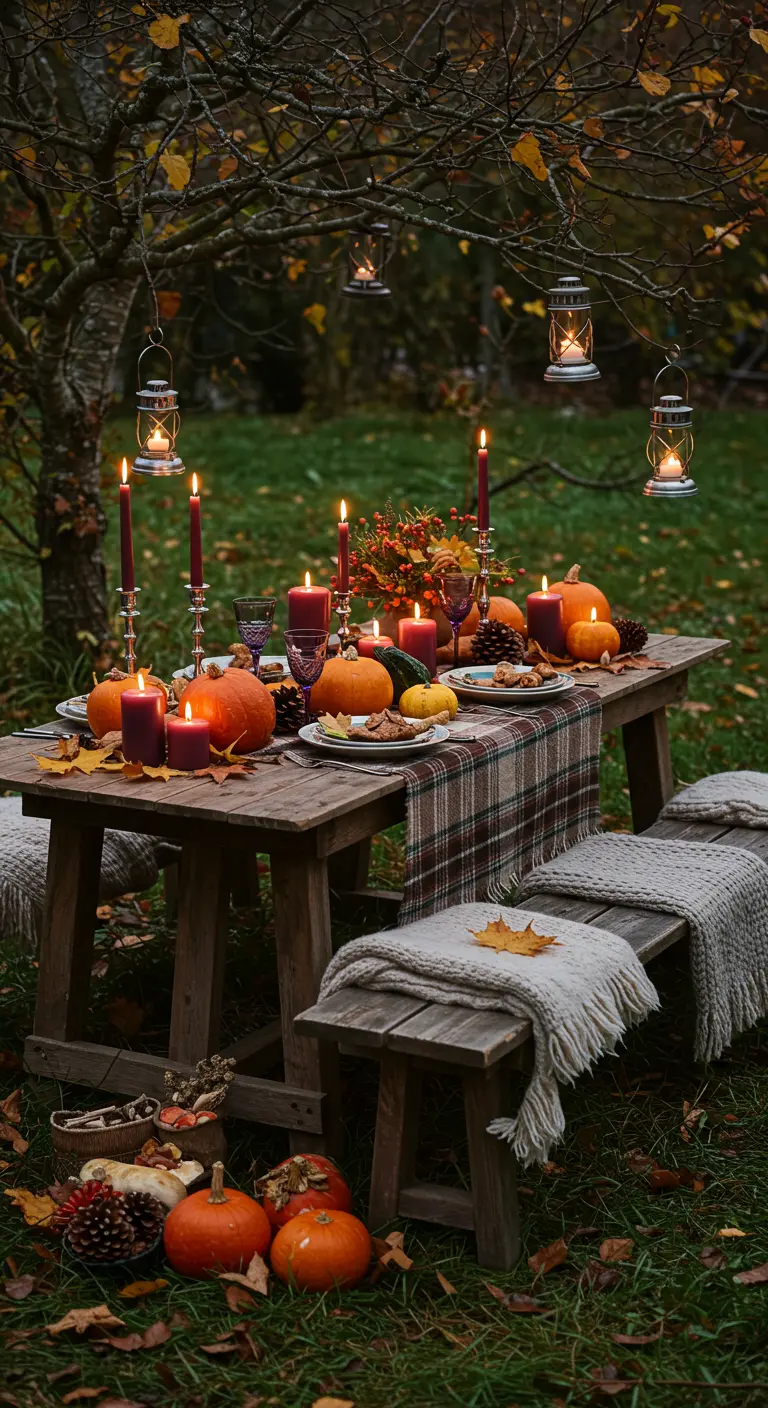 Herfstige tuintafel met pompoenen, kaarsen en plaids.