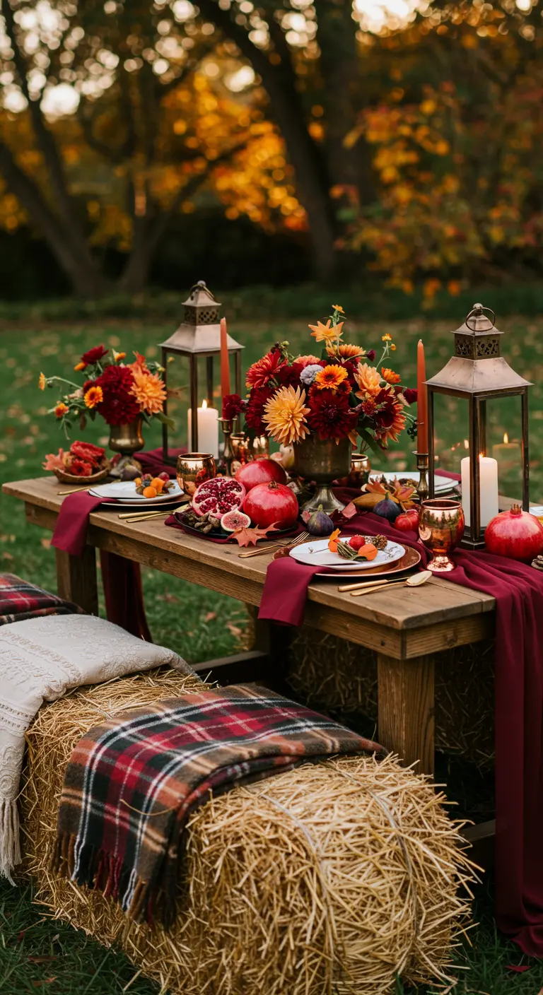 Herfstige tuintafel met hooibalen, plaids, lantaarns en rode accenten.