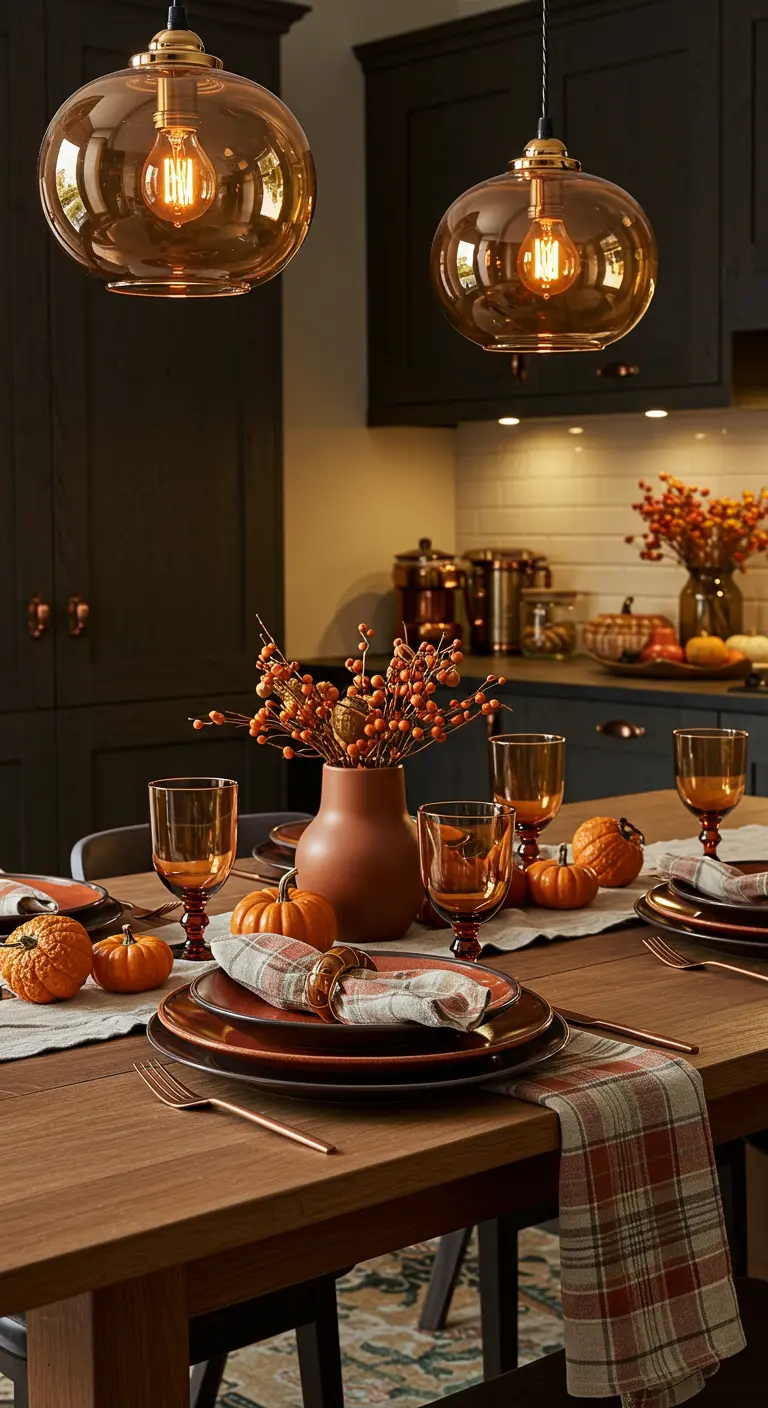 Herfstig gedekte tafel met servies in warme tinten, pompoenen en amberkleurig glas.