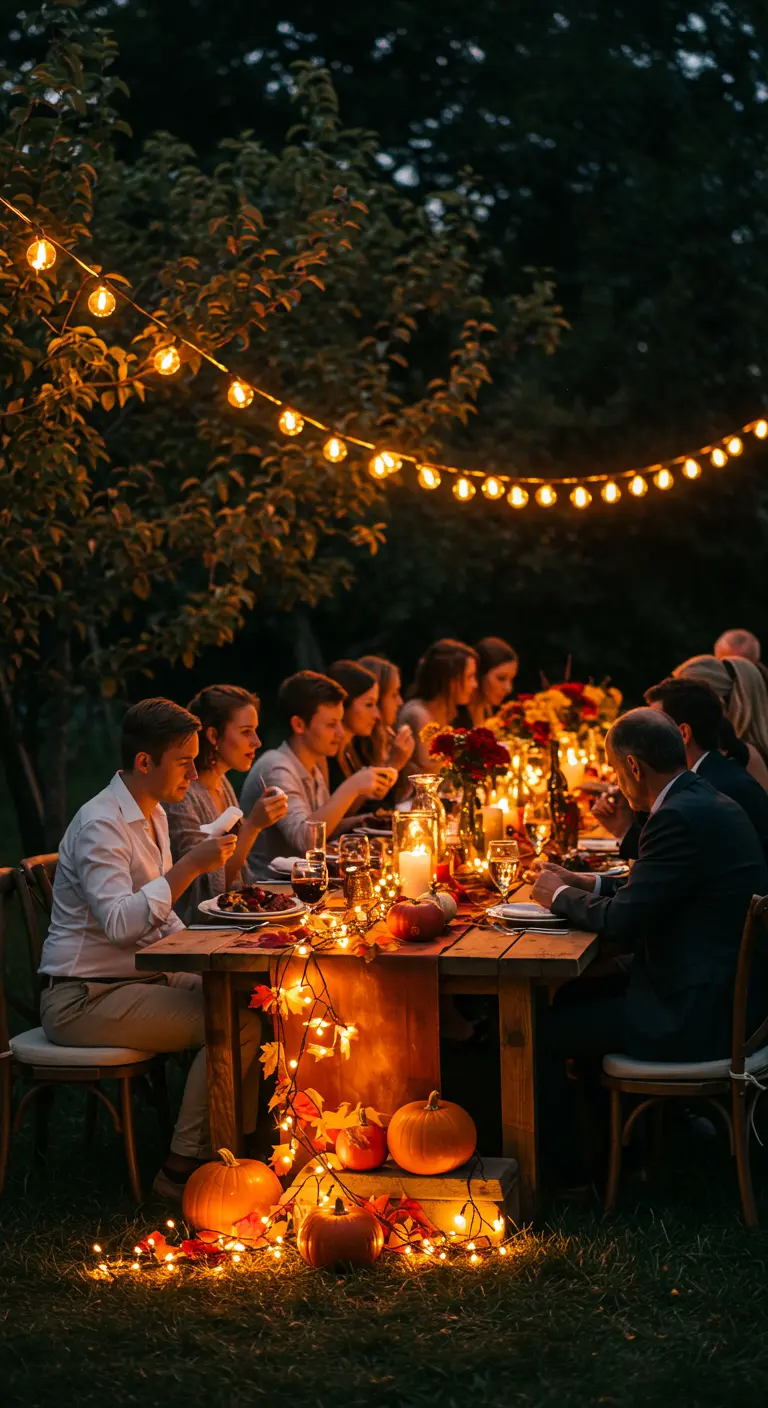 Herfstig tuindiner met lichtslingers, pompoenen en kaarsen op en rond de tafel.