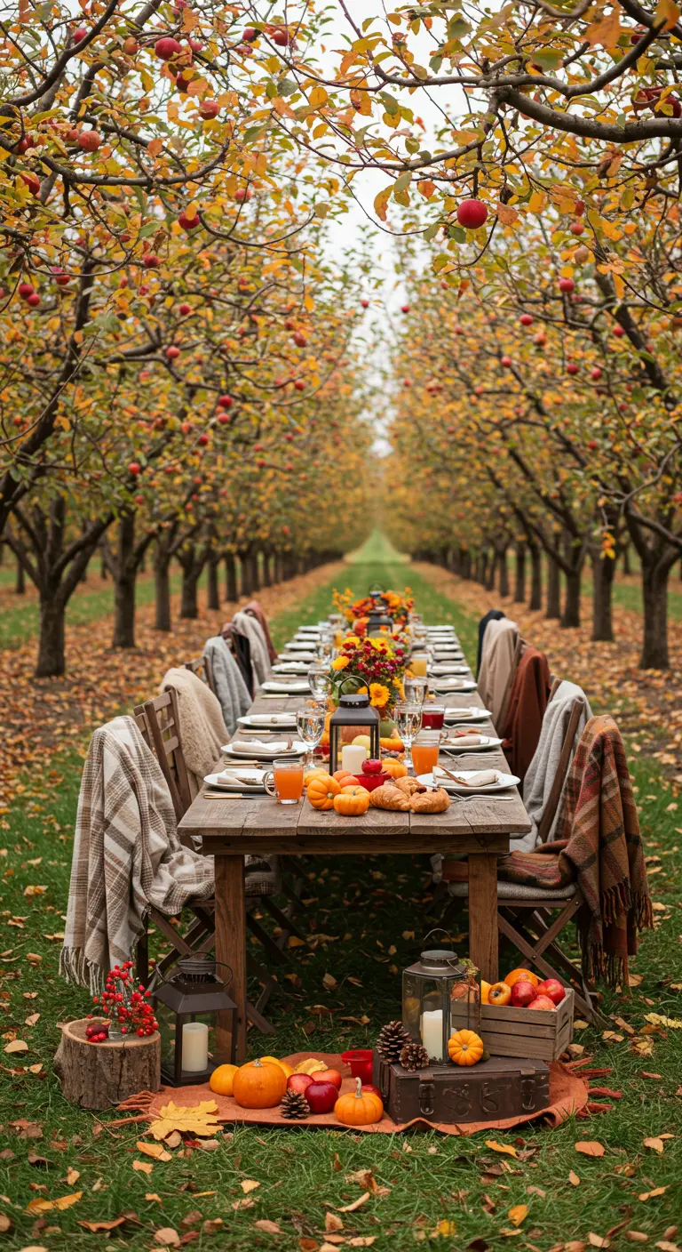Herfstige ontbijttafel in boomgaard met pompoenen, plaids en appels.