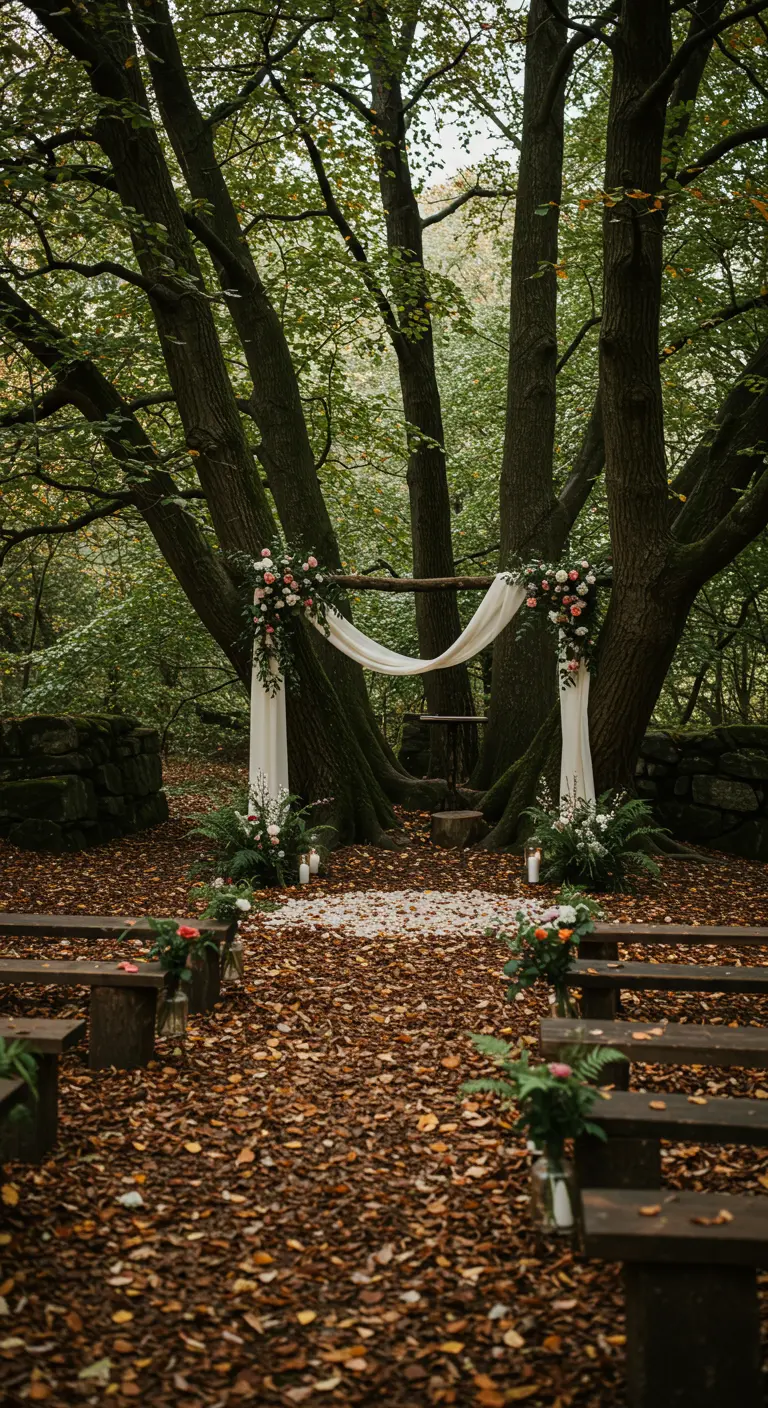 Herfstige bosceremonie met houten boog, bloemen, en een pad bedekt met bladeren.