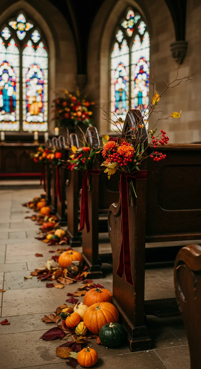 Houten kerkbanken versierd met herfstbloemen, linten, pompoenen en bladeren langs het gangpad.