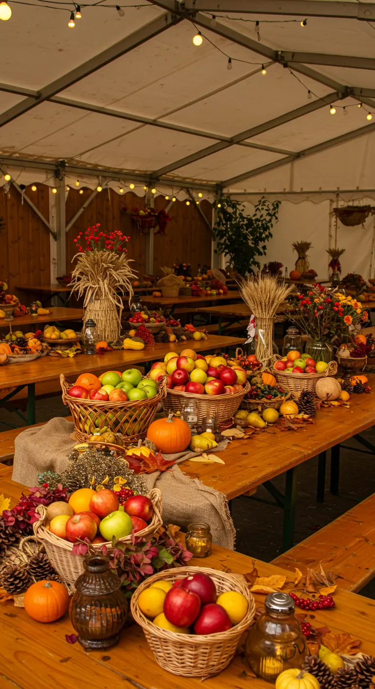 Houten tafels in een tent, versierd met manden vol herfstfruit, pompoenen en graanhalmen.