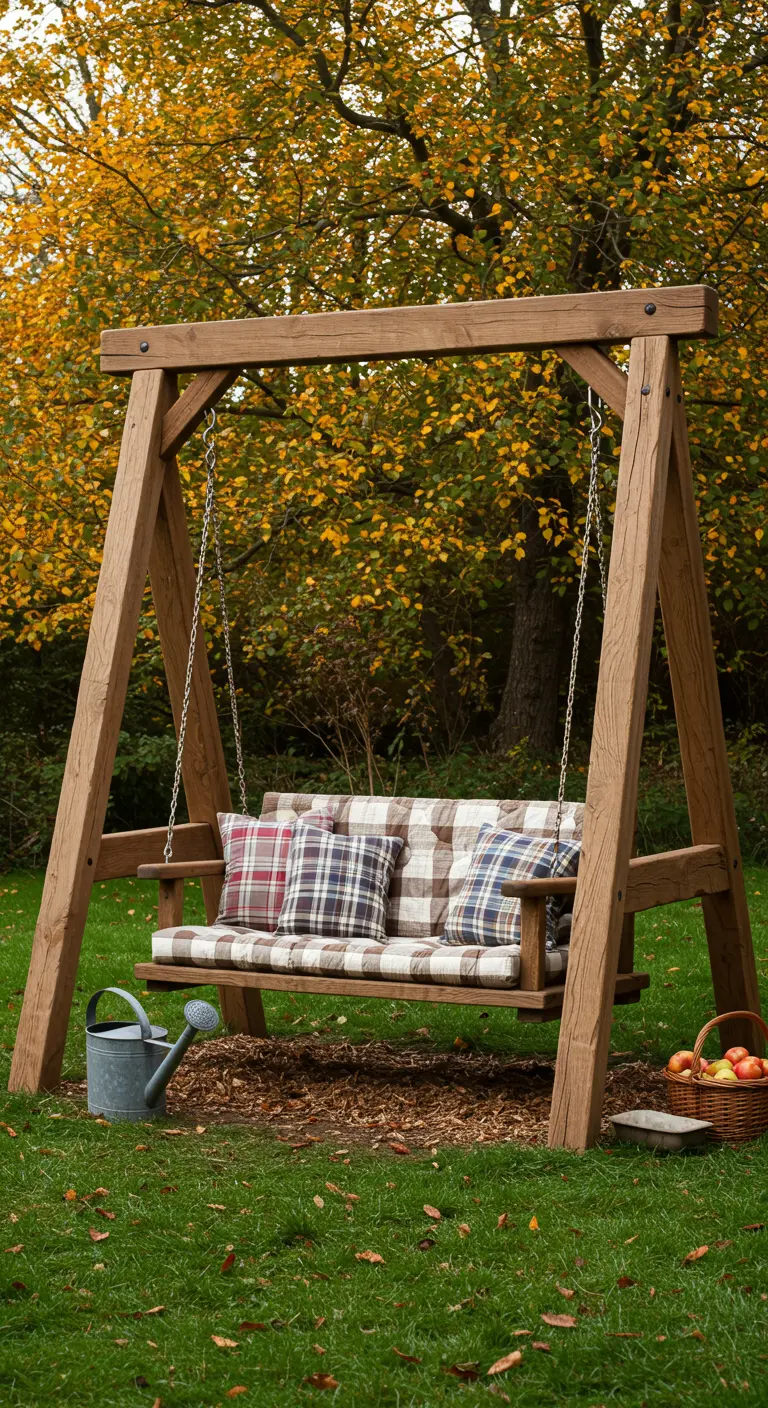 Robuuste houten schommelbank met geruite kussens in een herfstachtige tuin.