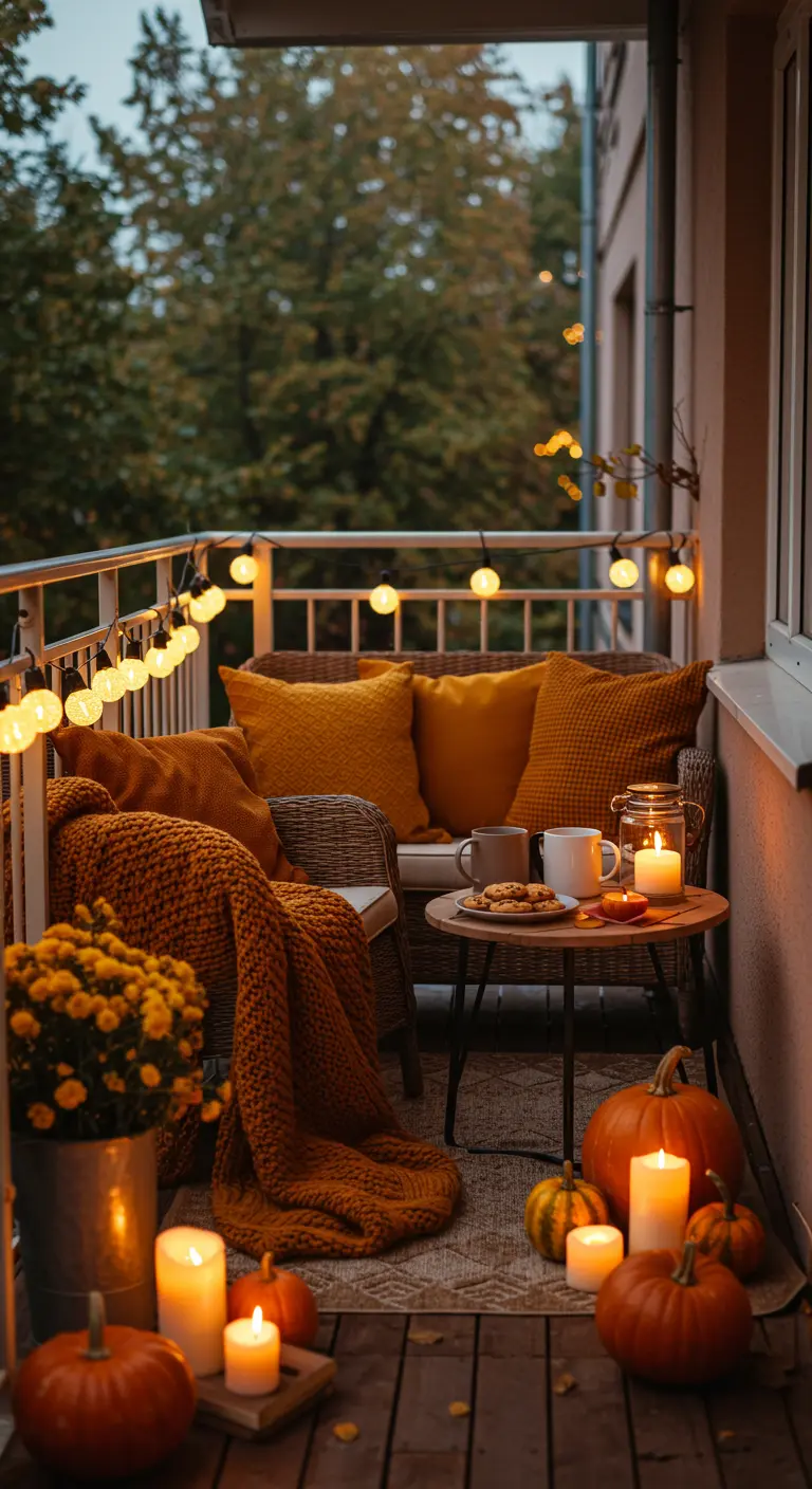Knus herfstbalkon met rotan stoel, plaids, pompoenen, kaarsen en lichtslinger.