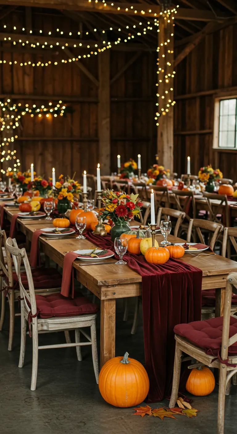 Herfstige feesttafel met bordeauxrode fluwelen loper en pompoenen.