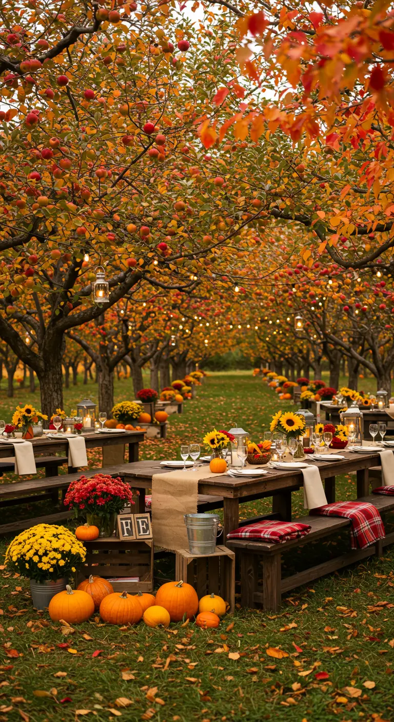 Herfstbruiloft diner in boomgaard met pompoenen, zonnebloemen en lantaarns.