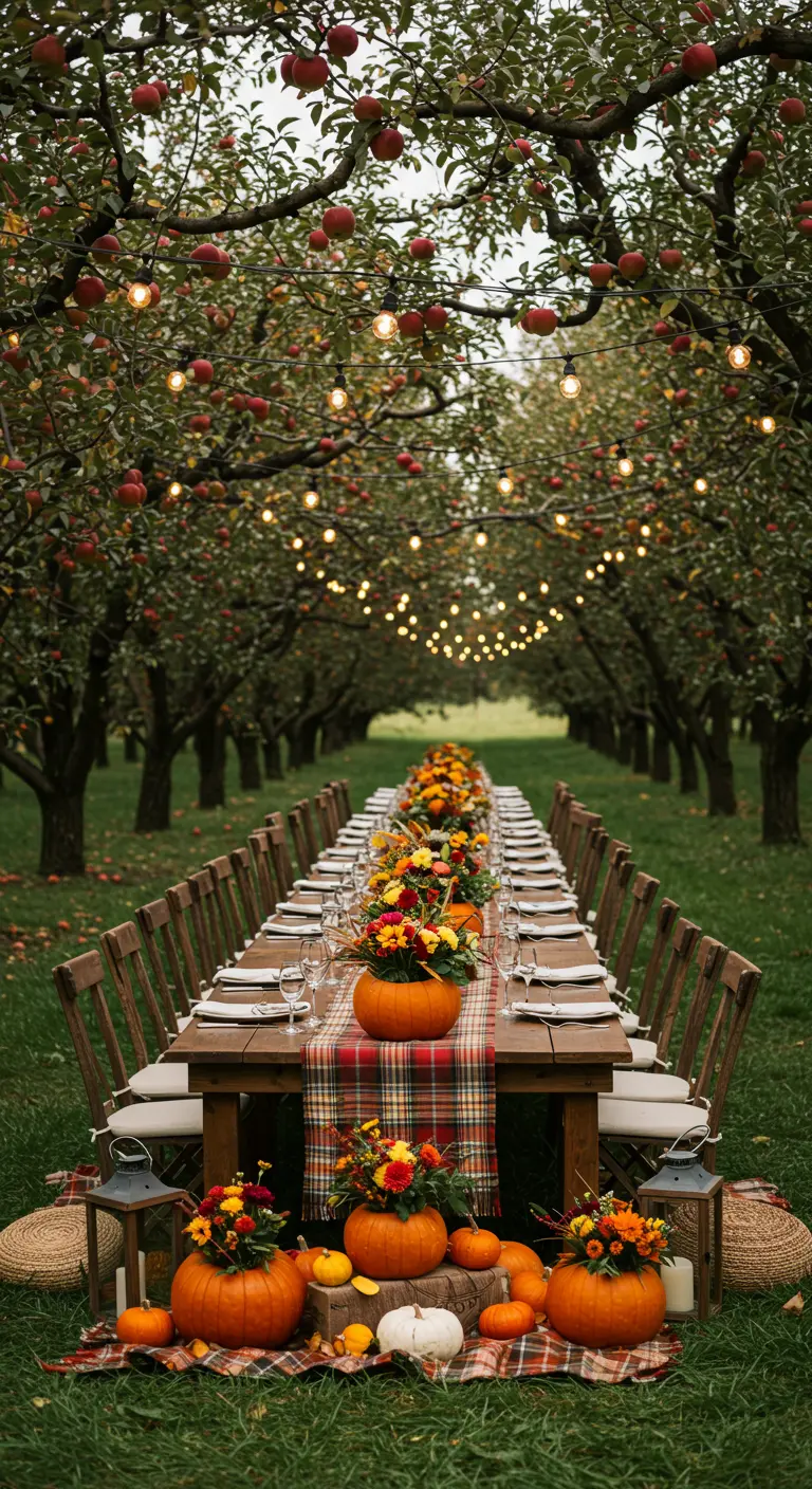 Lange herfsttafel in boomgaard met pompoenen, geruite loper en hangende lampjes.