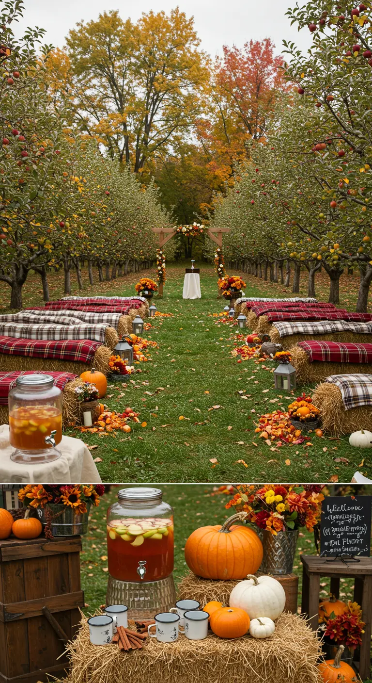 Herfstbruiloft in boomgaard met hooibalen, plaids, pompoenen en een appelciderbar.