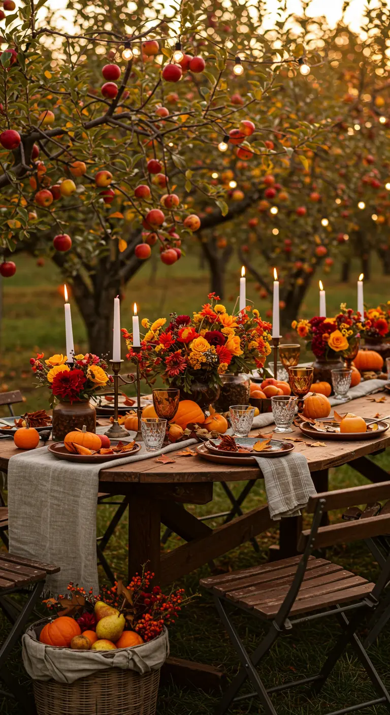 Herfstige bruiloftstafel in boomgaard met pompoenen, appels en bloemen in warme kleuren.