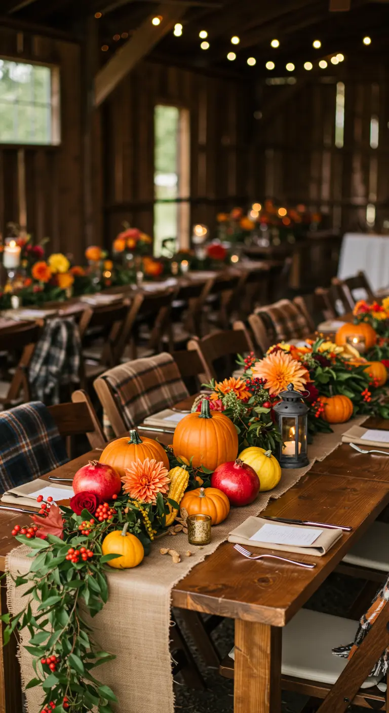 Herfstige tafeldecoratie met pompoenen, fruit en bloemen op een houten tafel in een schuur.