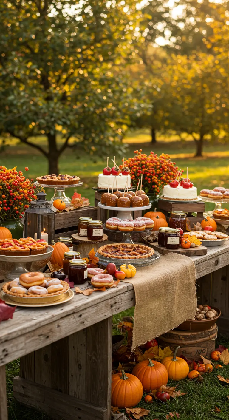 Rustieke herfst desserttafel buiten met pompoenen, taarten en appels.