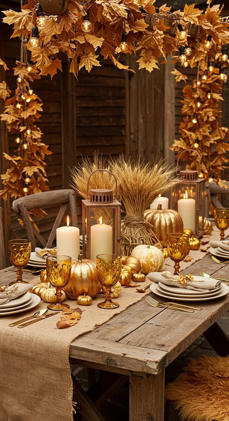 Herfstachtige tafelsetting met pompoenen, tarwe, lantaarns, jute loper en gouden accenten.