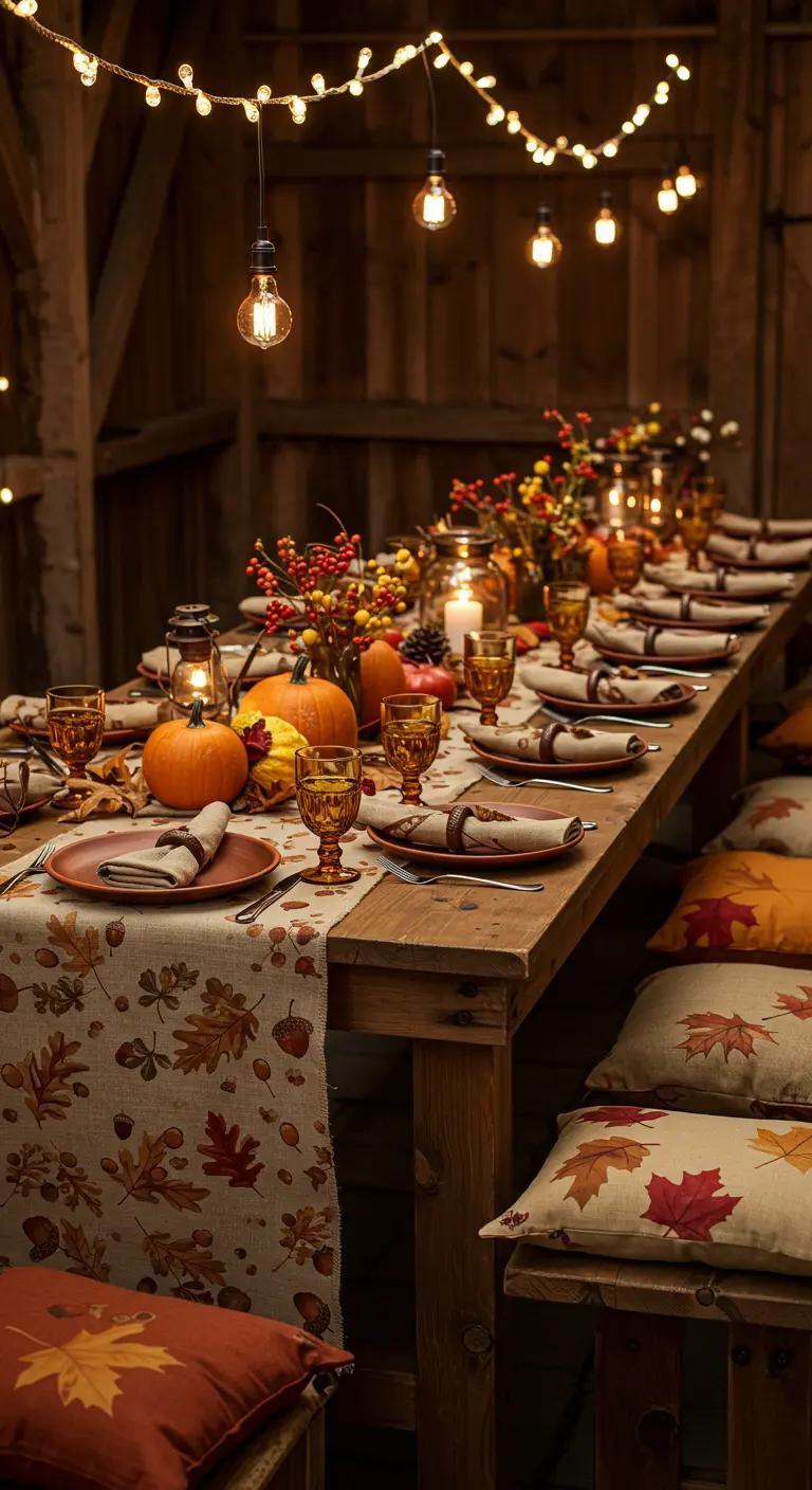 Rustieke tafel met herfstbladerenprint textiel, pompoenen en lichtslingers.