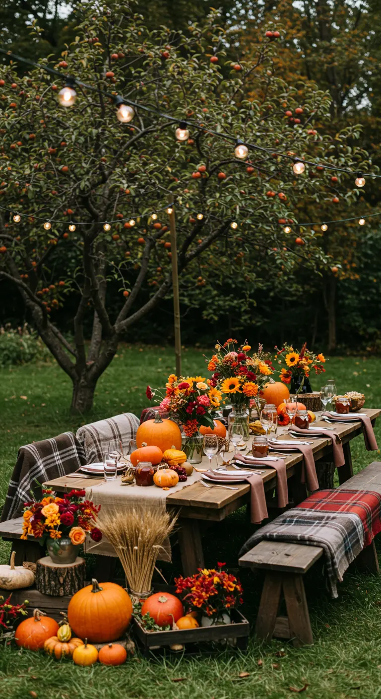 Herfstige bruiloftstafel met pompoenen, zonnebloemen en geruite plaids.