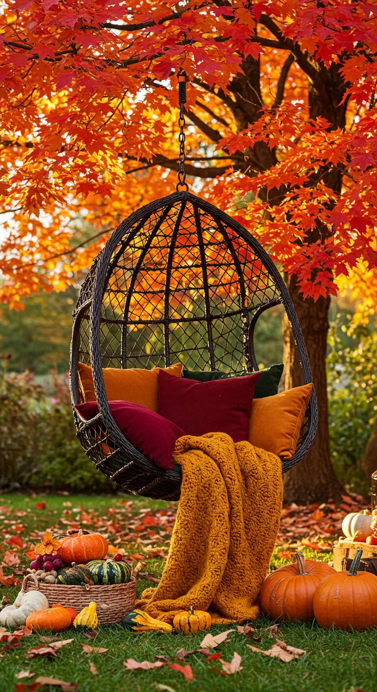 Zwarte hangstoel onder een herfstboom, gevuld met kussens in herfstkleuren en een okergeel plaid.