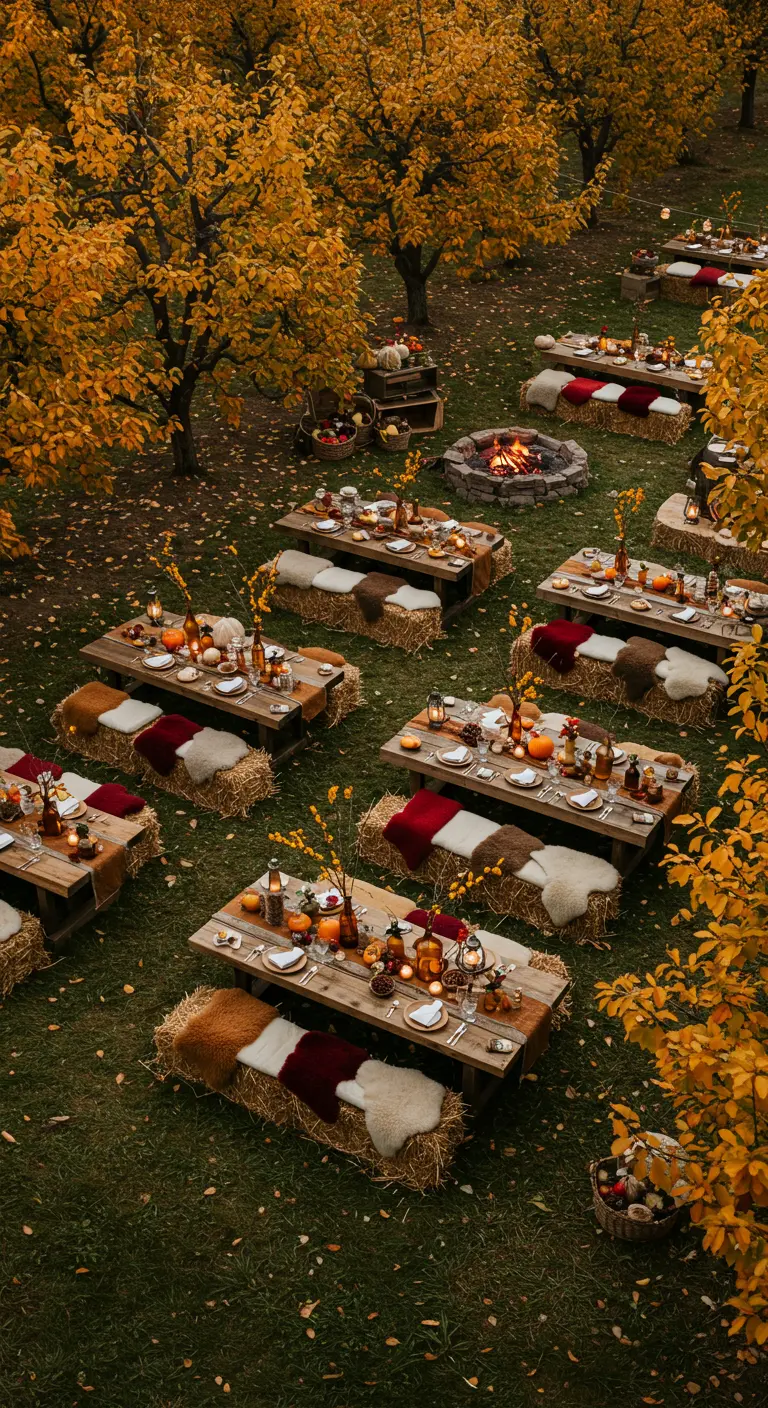 Herfstig diner met lage tafels, hooibalen, pompoenen en een kampvuur