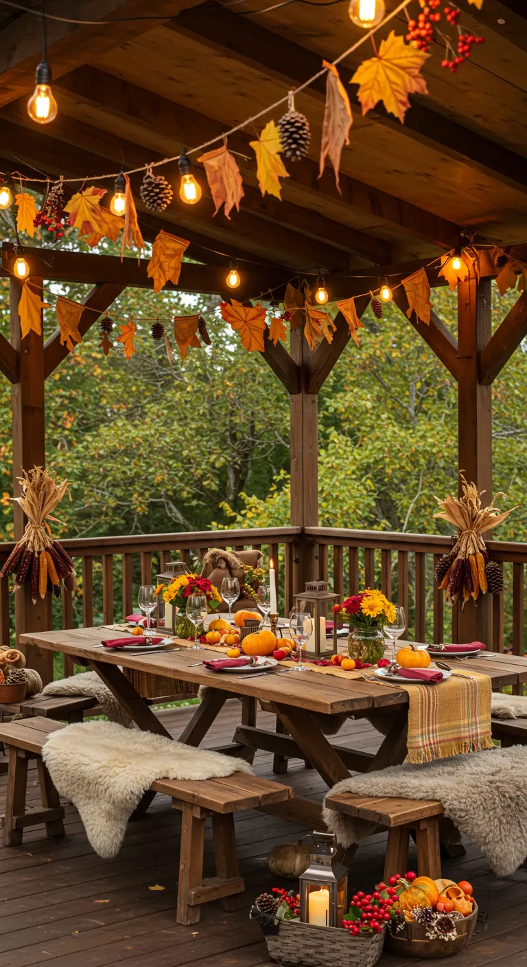 Herfsttafel op terras met slingers van herfstbladeren, dennenappels en string lights.