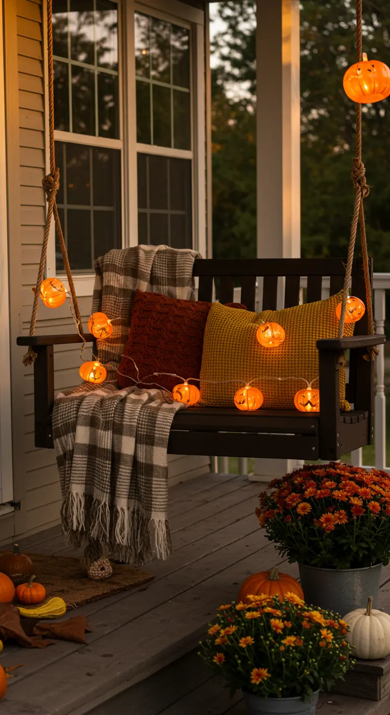Donkerhouten verandaschommel versierd met pompoenlichtjes, plaids en herfstbloemen.