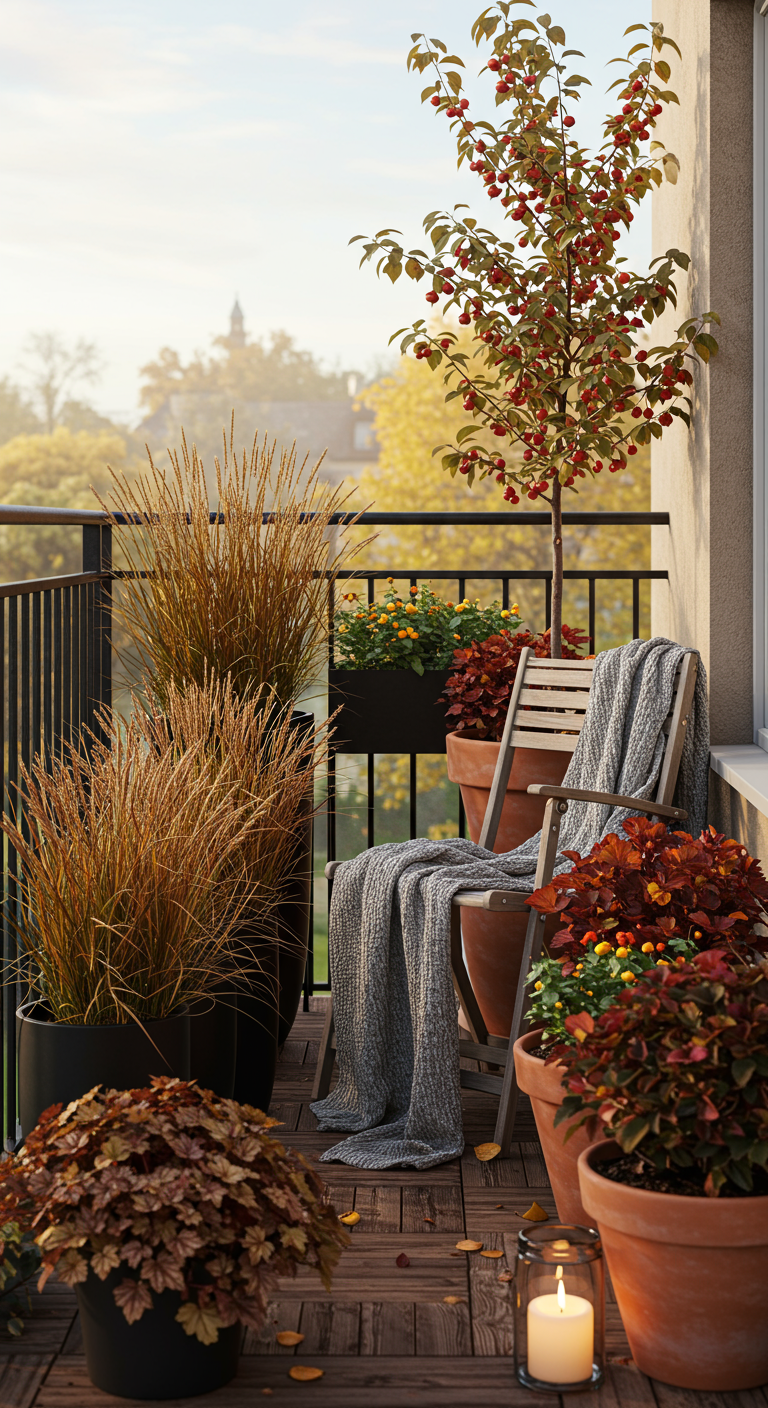 Herfstbalkon met siergrassen, een boompje met rode appeltjes, en een plaid over een stoel.