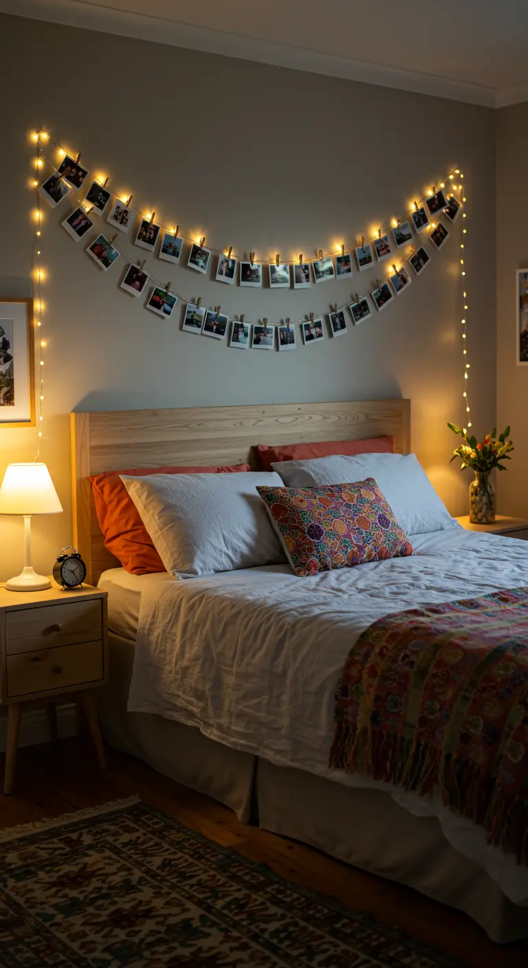 Slinger van lichtjes met foto's eraan geklemd, opgehangen boven een bed.