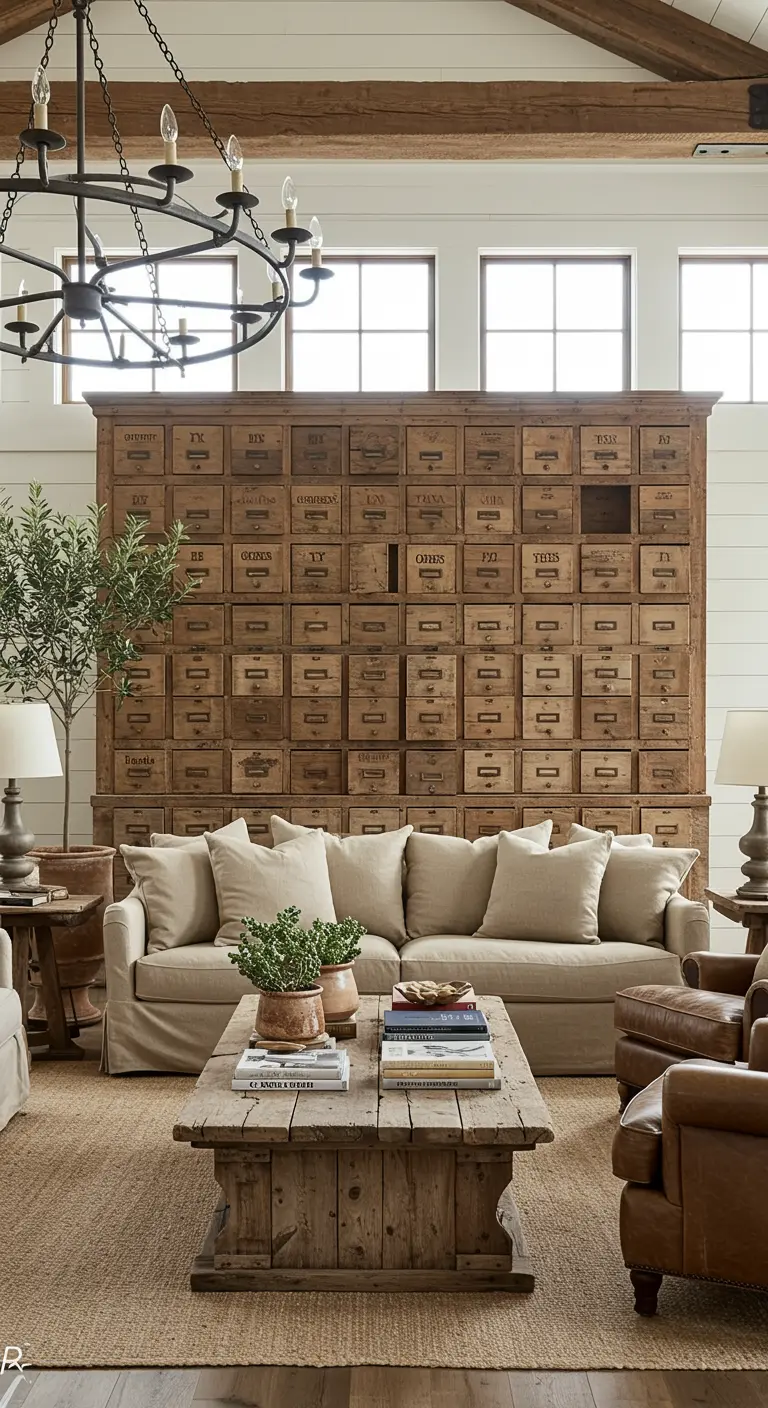 Woonkamer met grote houten apothekerskast, beige bank en rustieke salontafel.