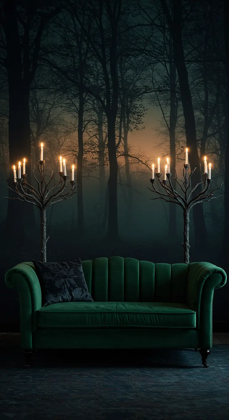 Kamer met bos-fotobehang, een groene fluwelen bank en kandelaren in de vorm van bomen.