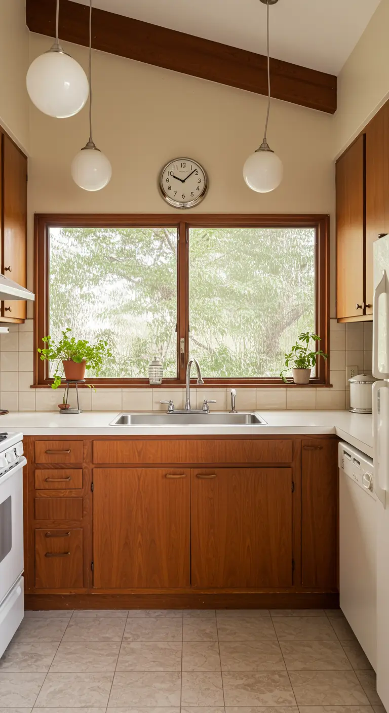 Houten keuken met groot raam dat uitzicht biedt op groene bomen, als inspiratie voor een glazen achterwand.