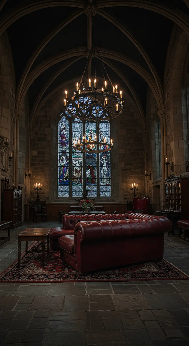 Rode Chesterfield-bank in een gotische zaal met glas-in-loodraam en kroonluchter.
