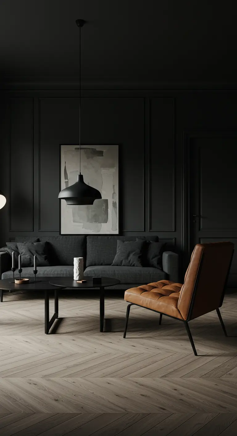 Donkergrijze woonkamer met een grijze bank en een opvallende cognacleren fauteuil.
