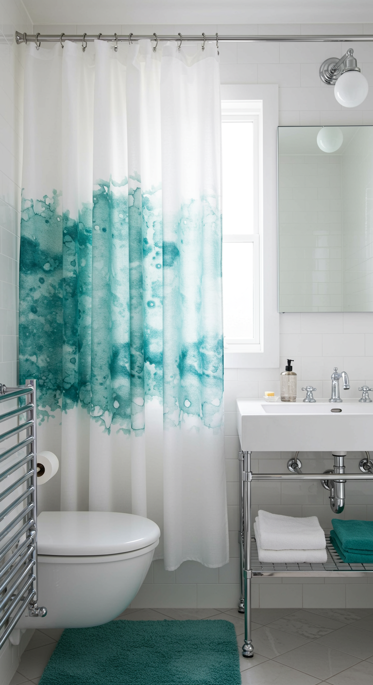 Wit douchegordijn met turquoise aquarelprint in een lichte badkamer.
