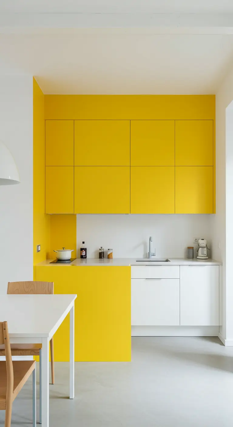 Witte keuken waarbij een deel van de kasten en de muur felgeel zijn geschilderd.