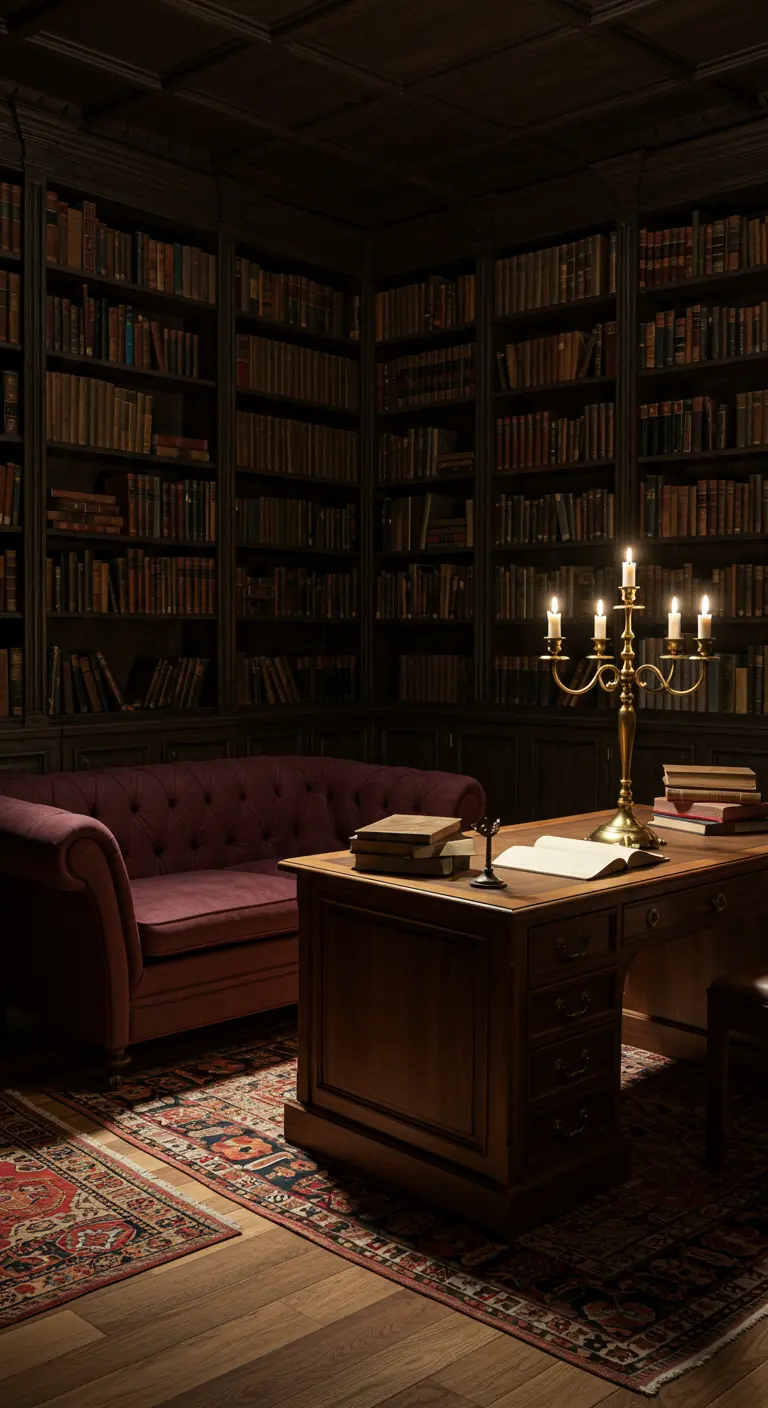 Donkere bibliotheek met een paarse fluwelen bank, een bureau en een koperen kandelaber.