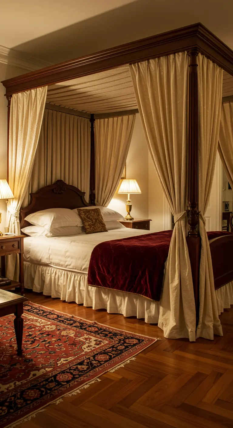 Klassieke slaapkamer met een donkerhouten hemelbed, omringd door crèmekleurige gordijnen.